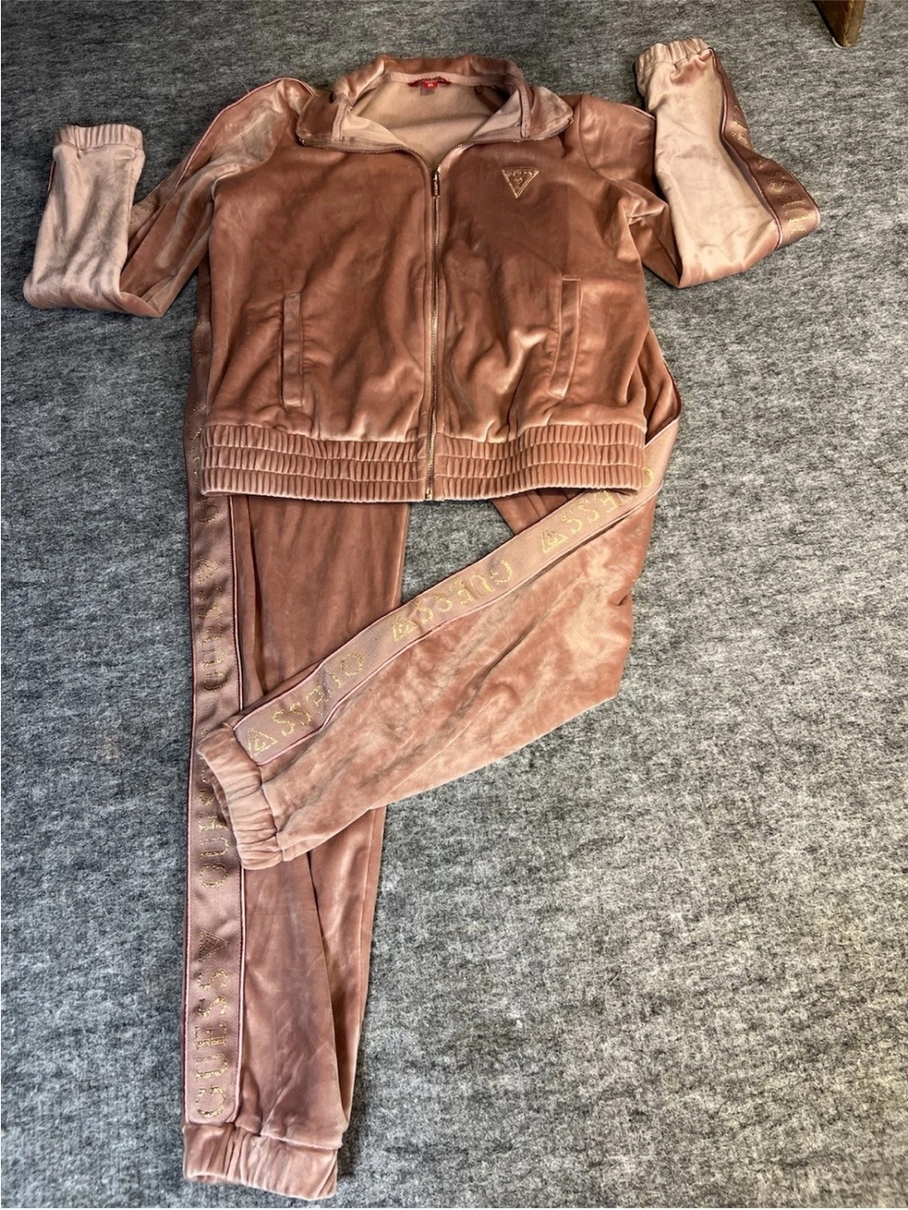GUESS TRACKSUIT ROSE GOLD PINK XS SET PANTS JACKET hiphop zip